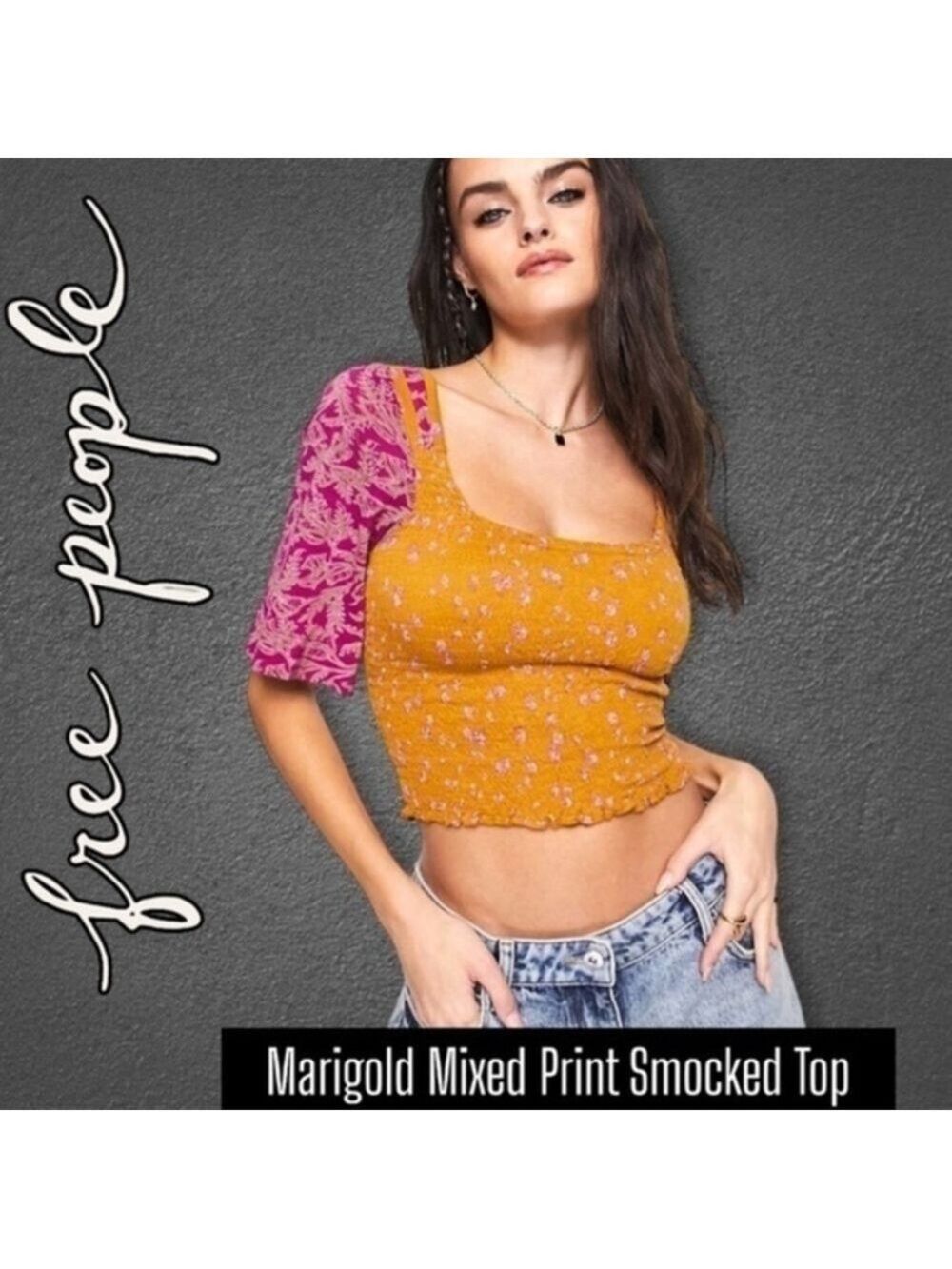 FREE PEOPLE Marigold Mixed-Print 3/4 Sleeve Smocked-Bodice Crop Top/LG NWT